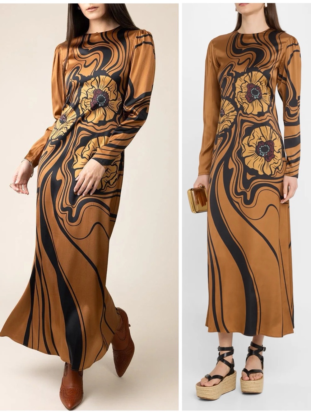 NWT La DoubleJ Clingy Swing Long Sleeve Maxi Dress Big Blooms Brown Women’s XS